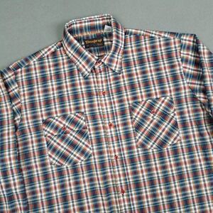Vintage Sears Button Up Shirt Men's XL Plaid Thumbs Up 70's Lightweight Blue Red